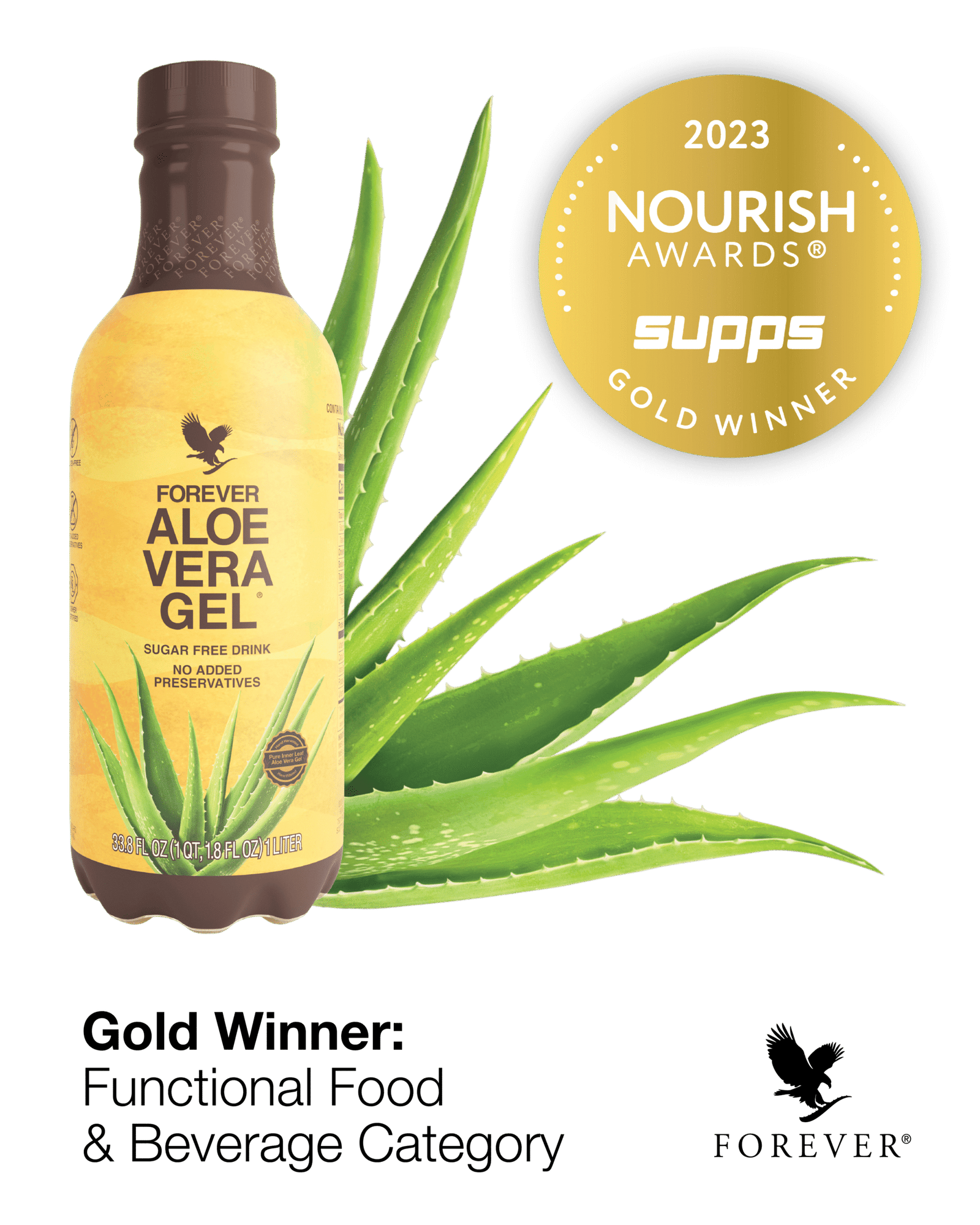 815_Forever Aloe Vera Gel_MedallaDeOroMejorBebidaSulementoNourishAwards_Vertical